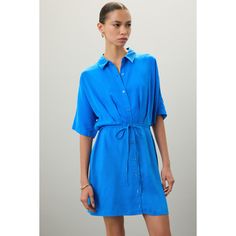 Blue Tencel (100% Tencel). Casual Dress. Collared. Short Sleeve. Front button closure. 35" from shoulder to hemline. Imported. Rent The Runway, Closet Designs, Mini Shirt Dress, Slim Waist, Relaxed Style, Casual Dress, Denim Jacket, Shirt Dress, Fashion Design