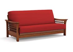 a red couch sitting on top of a wooden frame