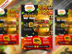 a burger restaurant flyer is shown in three different colors and sizes, with the image of a cheeseburger on it