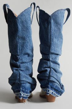 MID COWBOY BOOTS WITH DENIM SLEEVE - BLUE AND WHITE – R13 Blue Jean Boots, R13 Boots, Denim Chaps, Boots With Leg Warmers, Denim Cowgirl, Denim Refashion, R13 Denim