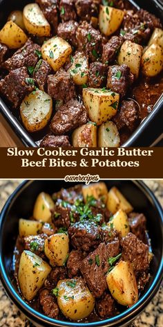 Slow Cooker, Garlic Butter, Beef Bites, Potatoes, Easy, Comfort Food Garlic Butter Sauce, Creamy Potato, Garlic Butter, Slow Cooker, Main Dishes, Dinner Recipes, Garlic, Easy Meals, Butter