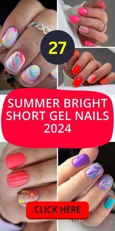 Welcome the summer of 2024 with short gel nails summer bright 2024, featuring a delightful mix of yellow and pink colors. These nails are the perfect representation of summer joy, with their bright hues and cute designs bringing a smile to anyone's face. Whether you're lounging by the pool or enjoying a summer picnic, these nails will keep you in the summer spirit. Gel Nails For Short Nails Summer, Summer Nail Colors Short Nails, Short Summer Gel Nails Design, Colorful Gel Nails Short, Nails On Trend, Vibrant Summer Nails Short, Summer Nail Art For Short Nails, Summer Nail Gel Colors, Gel Polish Short Nail Designs