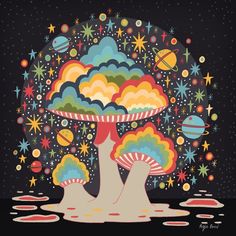 an image of a mushroom in the sky with stars and planets on it's back