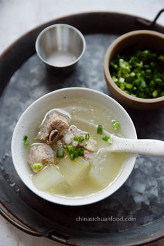 a bowl of soup with meat and green onions