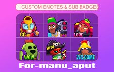 some cartoon emotes and sub badges on a purple background