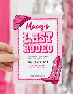 a person holding up a pink and white card with the words,'mary's last rodeo'on it