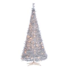 a silver christmas tree with white lights