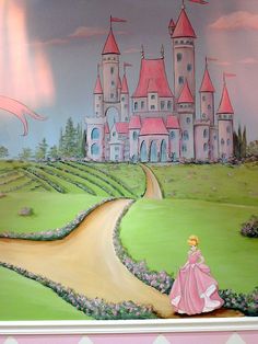 there is a painting on the wall of a princess's castle with a pink dress