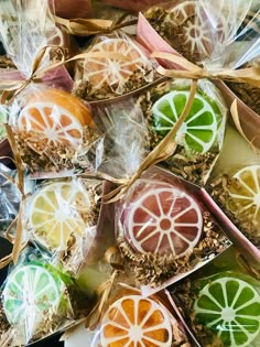 various candies in plastic bags sitting on top of each other