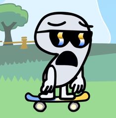 a cartoon character riding a skateboard in the grass