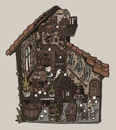 a drawing of a small house with lots of stuff on the roof and inside it