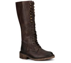 Vintage-inspired style for the modern woman, the Sadelle tall boot is uniquely styled with a leather upper that hits at the knee, a bold lace-up front, and fun striped laces. From Vintage Foundry Co. Knee-high Combat Boots With Laces For Fall, Casual Knee-high Lace-up Boots, Leather Knee-high Lace-up Boots, Leather Knee-high Boots With Lace-up Fastening For Fall, Knee-high Leather Combat Boots With Lacing, Fall Knee-high Laced Boots, Fall Wide Calf Knee-high Lace-up Boots, Fall Knee-high Lace-up Boots, Leather Knee-high Boots With Lacing