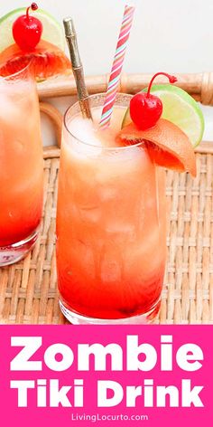 two glasses filled with watermelon drink and garnished with cherries