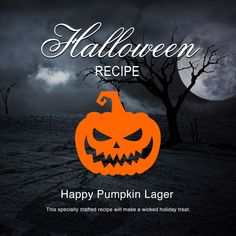 an image of a halloween recipe with pumpkins in the background and text that reads happy pumpkin lager