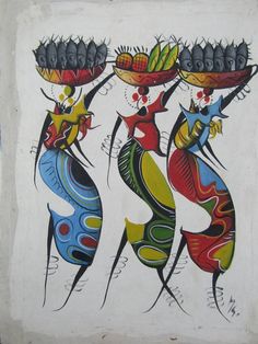 an image of three women carrying food on their heads in the same color and pattern