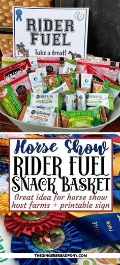 a basket full of snacks with the words horse glow and rider fuel snack packet on it