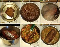 four pictures show different types of food cooking in pans on the stove top, including meat and rice