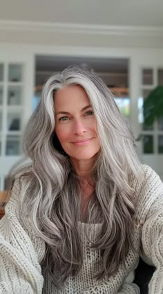 Women With Natural Grey Hair, Naturally Gray Hair, Long Gray Hairstyles For Women Over 50, Long Straight Grey Hair, Long Wavy Gray Hair Over 50, Long Salt And Pepper Hair Over 50, Shiny Gray Hair, Gray Long Hair Older Women, Long Curly Silver Hair