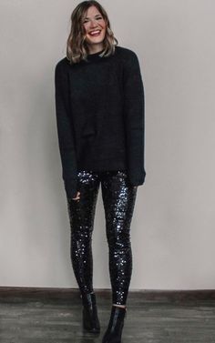 Sequin Joggers Outfit Chic, Black Sequin Pants Outfit Classy, Sequined Leggings Outfit, Sequin Pants Outfit Christmas, Black Sequin Outfit Ideas, Plus New Years Eve Outfit Ideas, Sparkly Joggers Outfit, Sequin Leggings Outfit Holiday, Sequence Joggers Outfit