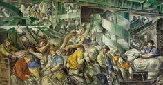 this is a painting of people in a factory