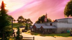 an animated image of a small town at sunset