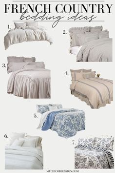 the french country bedding guide is shown in white and blue colors, including linens,