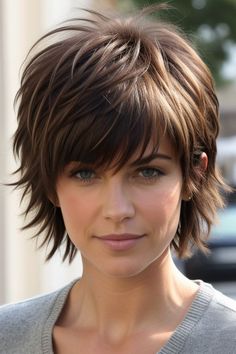 Short Shag Fine Hair Over 50, Pixie Shags Short Haircuts, Short And Shaggy Hairstyles, Dark Hair Shag Haircut, Sassy Haircuts Medium Choppy Layers, Shag Haircut With Bangs Short, Short Shag For Round Face, Short Shags On Women, Razored Shag Haircut