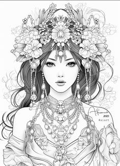 a drawing of a woman with flowers in her hair and necklaces on her head