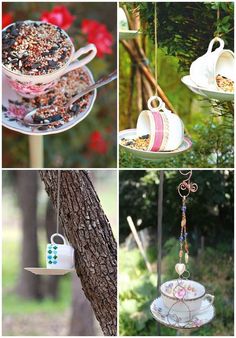 teacups and cups hanging from trees in the woods