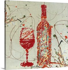 an abstract painting with red wine glasses and paint splattered on the canvas,