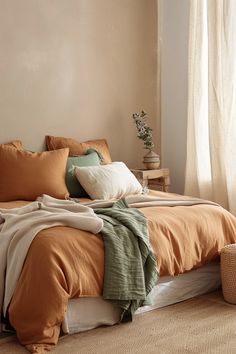 a bed with an orange comforter and two pillows on it, in front of a window