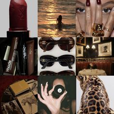 a collage of photos with various items including lipstick, eyeglasses and leopard print