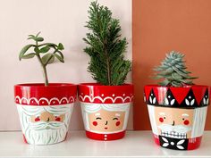 three pots with plants in them sitting on a counter next to a wall and a potted plant