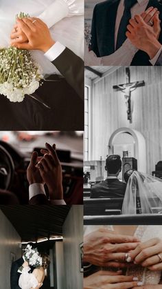 black and white wedding collage with hands holding flowers