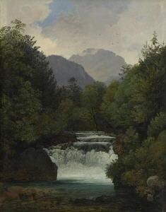 a painting of a waterfall surrounded by trees