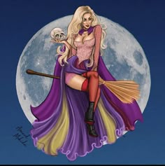 a painting of a woman sitting on top of a broom in front of a full moon