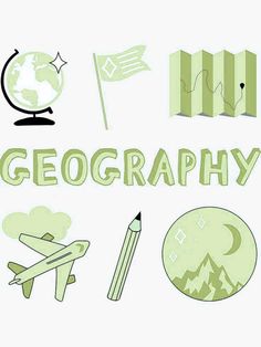 the word geography is surrounded by various items such as an airplane, globe, and flag