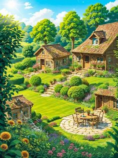 a painting of a house in the middle of a garden