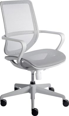 an office chair with wheels on the back and seat upholstered to the side