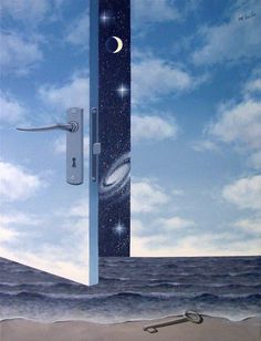 an open door leading to the ocean with stars and moon in the sky above it