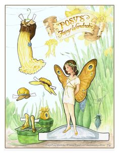 an illustration of a fairy with yellow wings and other items in the background, including a butterfly