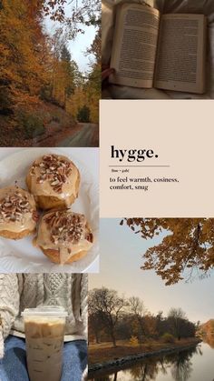 a collage of photos with an open book, coffee cup and autumn trees in the background