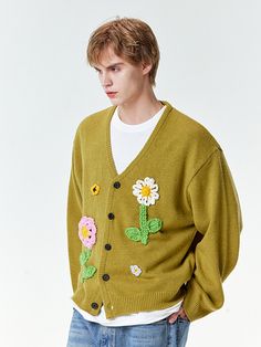 This is a casual and comfortable cardigan that is made out of high quality wool, nylon, and acrylic blend fabric. With design detail of handmade knit crochet flower artwork and minimal design overall, it gives a trendy and casual mood.- Fabric that shows minimum wrinkles- Handmade knit crochet artwork detail- Wool blend fabric with soft touch- Ribbed cuff and hem Green Wool Cardigan For Spring, Spring Wool Knitted Sweater, Spring Cotton Knit Outerwear, Wool Sweater For Spring, Casual Hand Knitted Cotton Outerwear, Spring Wool Knitted Outerwear, Spring Wool Long Sleeve Cardigan, Hand Knitted Cotton Sweater For Spring, Spring Hand Knitted Cotton Sweater