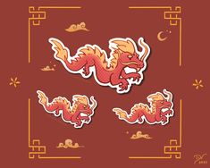 two stickers with an image of a red dragon