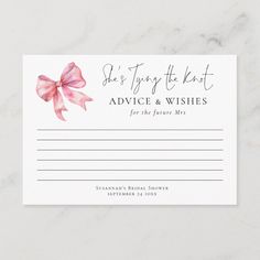 an advice card with a pink bow on it