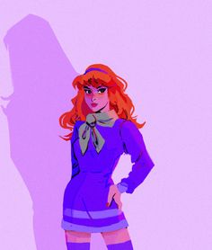 a woman with red hair and purple dress standing in front of a shadow on the wall