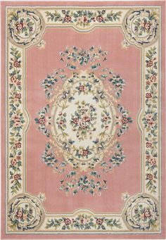 a pink rug with flowers and leaves on the bottom, in an ornate frame around it