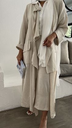 CASUAL. Abaya & Shela & top & pant. FABRIC: linen. Linen Abaya, Casual Abaya, Modest Wear, Abaya Fashion, Abayas Fashion, Fashion 2024, Hijab Fashion, Look Book, Normcore