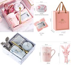 the contents of a pink gift set including a mug, keychain and other items