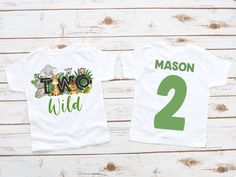 two t - shirts with the same name and number for each child's birthday